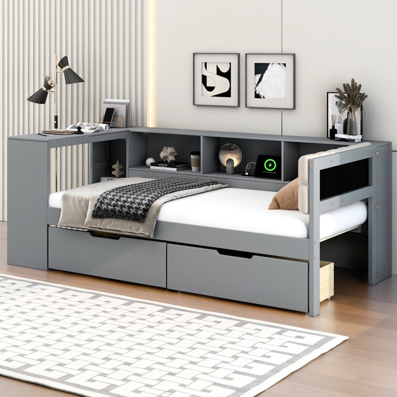 Lit plateforme avec tablettes de rangement, tiroirs, station de charge, tête de lit tapissier, crème, Gris, Lit simple