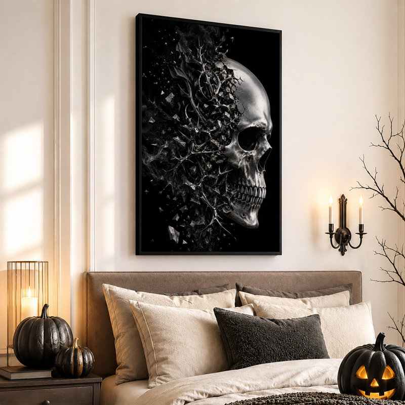 Art mural sur toile, crâne argenté brisant en éclats épineux et Halloween, H 36 po x l 24 po