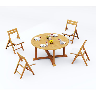 4 Seats 5 Pcs Grade-A Teak Wood Dining Set: 60" Round Table And 4 Surfliner Folding Reclining Arm Chairs #11SL1204