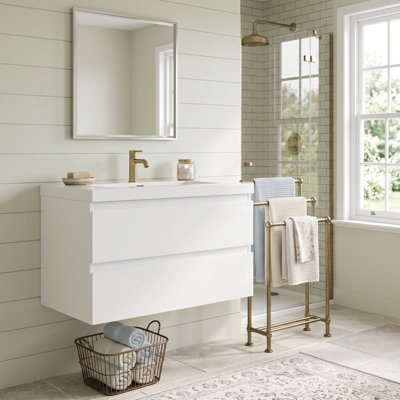 Meuble-lavabo mural en mélamine de bois de 91 cm (36 po), blanc brillant, résistant à l'usure, antiégratignures et surface non poreuse facile à nettoyer, préassemblé