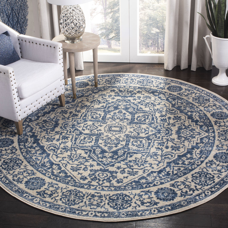 Tapis oriental gris clair / ivoire, Navy/Light Grey, Rond 5 pi