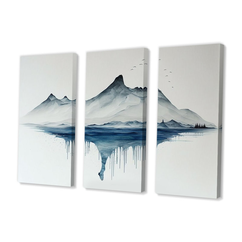 «Blue and Gray Mountain Lake Reflection I», reproduction de 3 pièces, H 32 po x l 48 po x P 1 po, Toile tendue