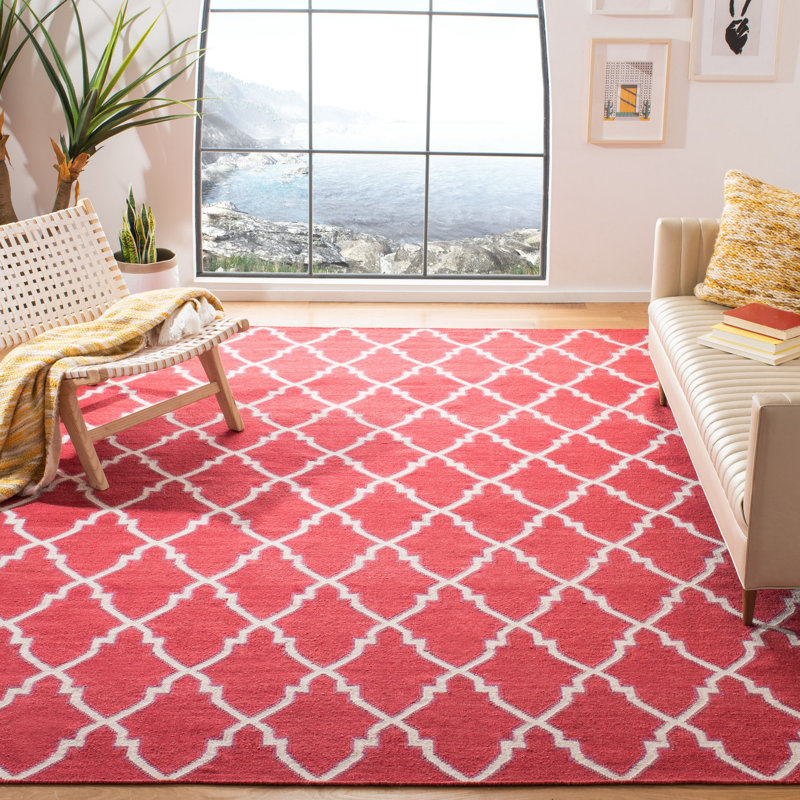 Stahl Hand Woven Flat Weave Wool/Cotton Geometric Rug in Red/Ivory, Rectangle 8' x 10'