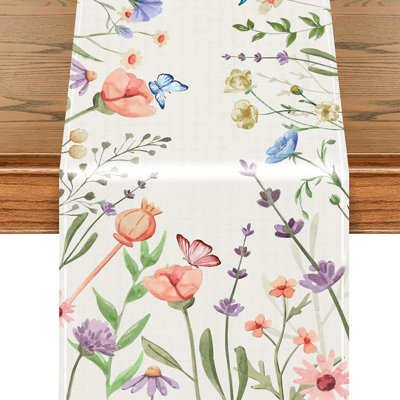 Floral & Butterfly Table Runner - Multi-Color -  Spring/Wildflower Design, Washable Dining & Home Decor