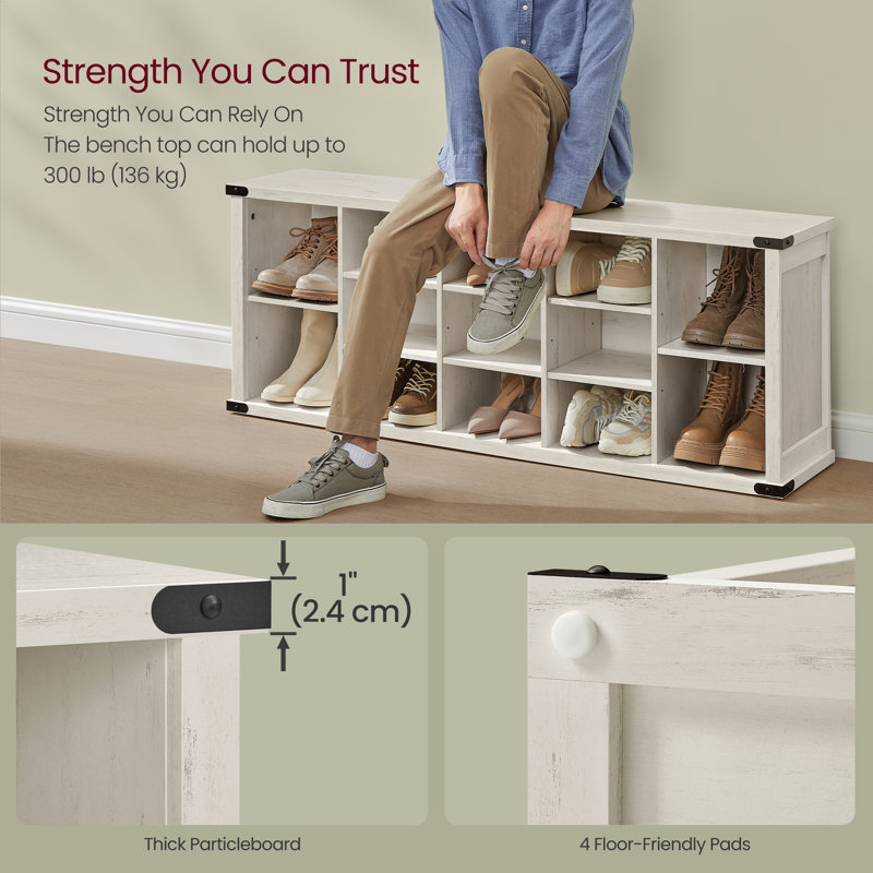 Sarana 15 Pair Shoe Storage Bench with Adjustable Shelves, Rustic White