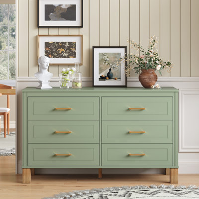 Commode double 6 tiroirs en vert sauge, armoire de rangement moderne avec poignées en métal et pieds en bois massif, organisateur de tiroir pour chambre d'enfant, commode en bois robuste avec préinstallé