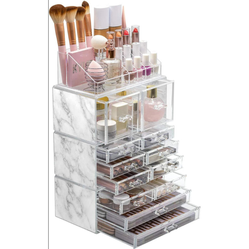 Marble and Clear Acrylic 12-Drawer Makeup Organizer Tower