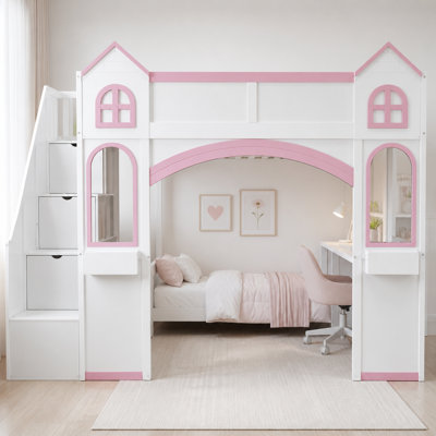 Full Size Wood Castle Loft Bed with Desk and LED Light