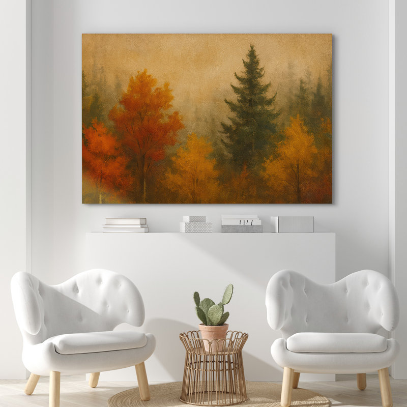 «Golden and Amber Autumn Trees Misty Forest Landscape», reproduction d'art sur toile encadrée, H 16 po x l 24 po
