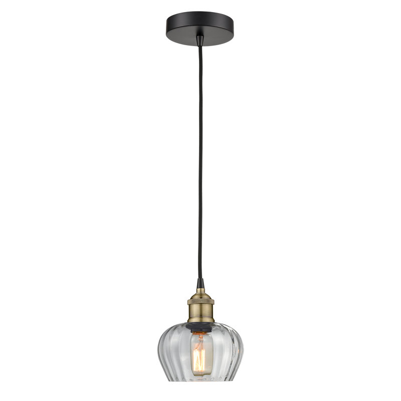 Luminaire suspendu simple à 1 lumière Noille, Transparent, H 8,5 po x l 6,5 po x P 6,5 po, Laiton antique noir