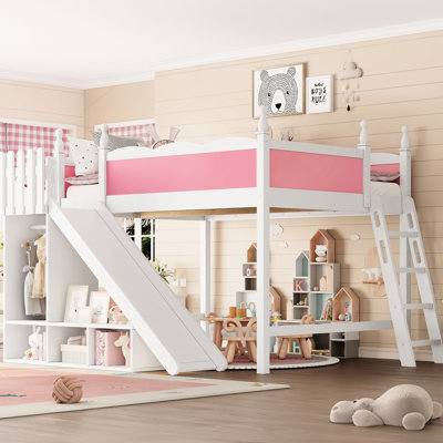 Pink And White Solid Wood Queen Loft Bed With Storage Shelves, Wardrobe, Slide, No Spring Box, Fun Space Furniture Functional