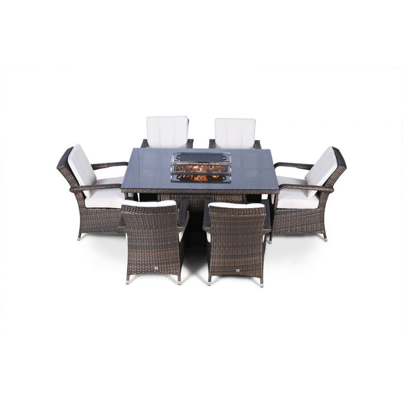 Parsons 6 - Person Wicker Patio Dining Set with Rectangular Table , Cushions Included, Beige, Brown