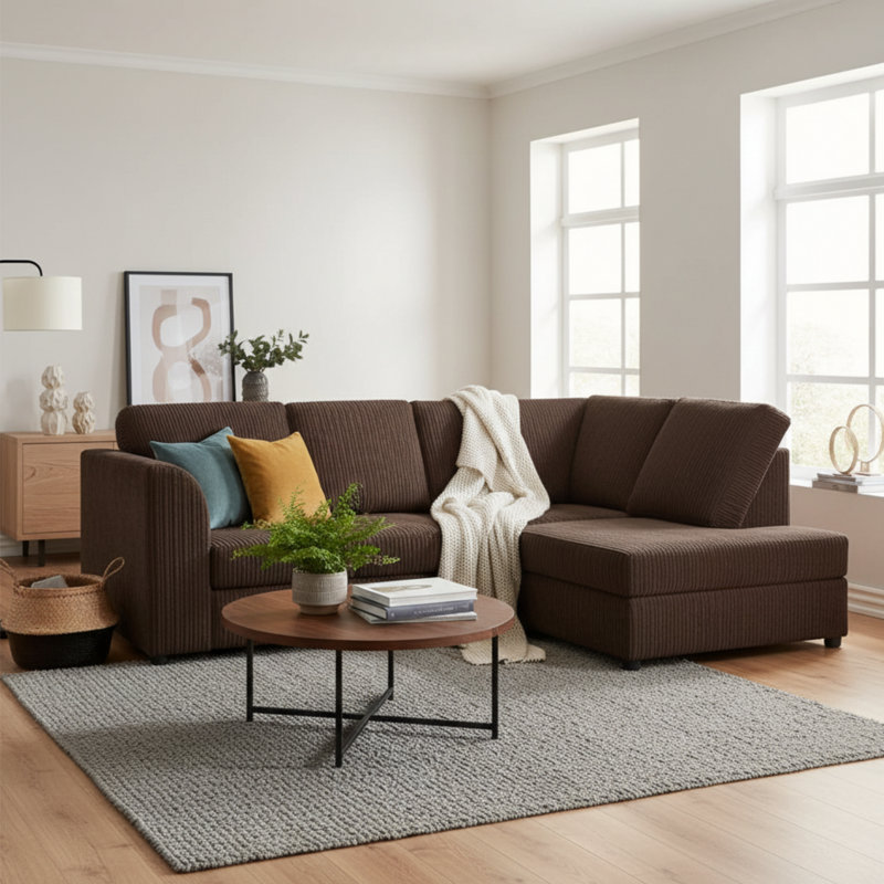 Jumbo Cord Hand Facing Corner Sofa With Footstool, Right Hand Facing, Brown