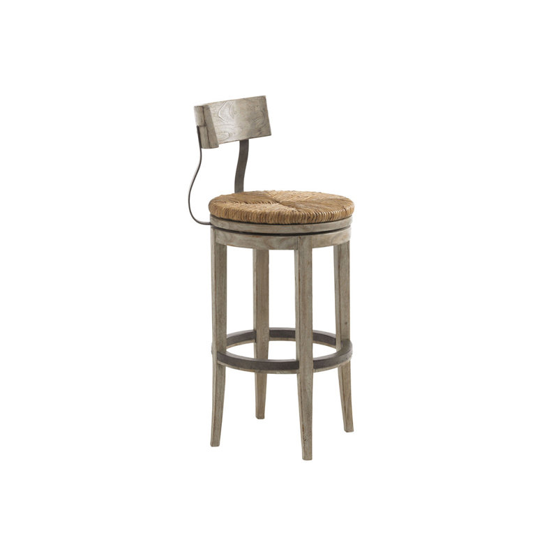 Rustic Driftwood Brown Swivel Bar Stool with Metal Accents
