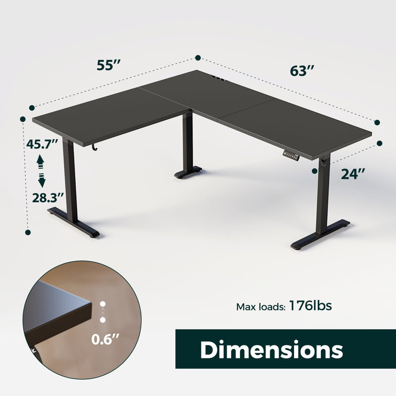 63" L-shaped Electric Height Adjustable Standing Desk with Headphone Hook for Home Office,Desk With Memory Controller,Easy to Assemble