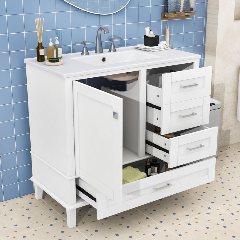 Bathroom Vanity with Soft-Close Doors, Overflow Basin and Versatile Storage, White/Silver