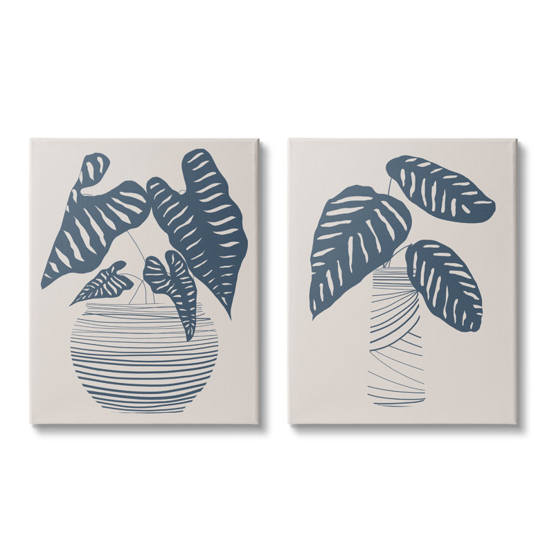 «Neat Pots Plant Leaves Minimal Striped Vases» par Daniela Santiago - ensemble de 2 impressions sur toile tendue