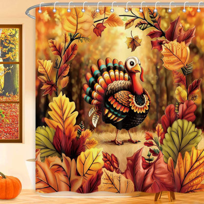 Rideau de douche d'automne Thanksgiving Turquie automne feuilles d'érable récolte ensemble de rideaux de salle de bain, romantique ferme rustique imperméable en polyester tissu bain décor 72 x 72 pouces