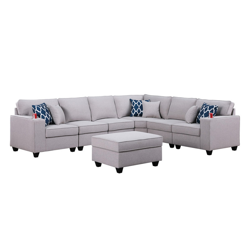 Canapé modulaire réversible en lin 125 po gris 7 pièces 125 po avec porte-gobelet, pièces modulaires, 6 coussins décoratifs inclus, siège de 17,75 po de hauteur, profondeur de 23 po, accoudoir de 24,25 po, pied en plastique brun de 3,25 po, dossier rembourré en mousse de 18 po