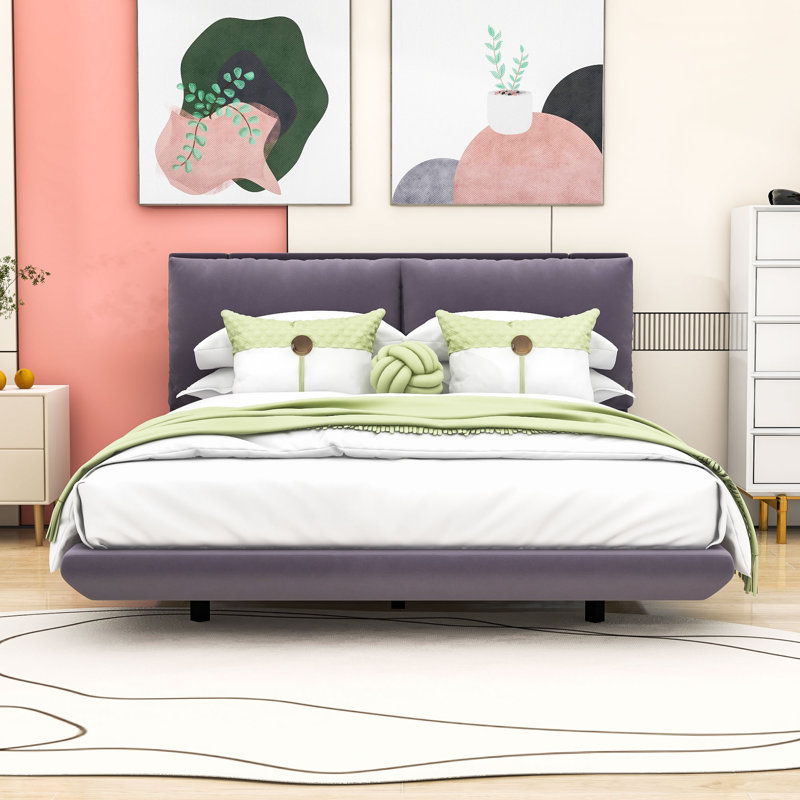 Queen Upholstered Platform Bed with Sensor Light and Floating Design, Gray