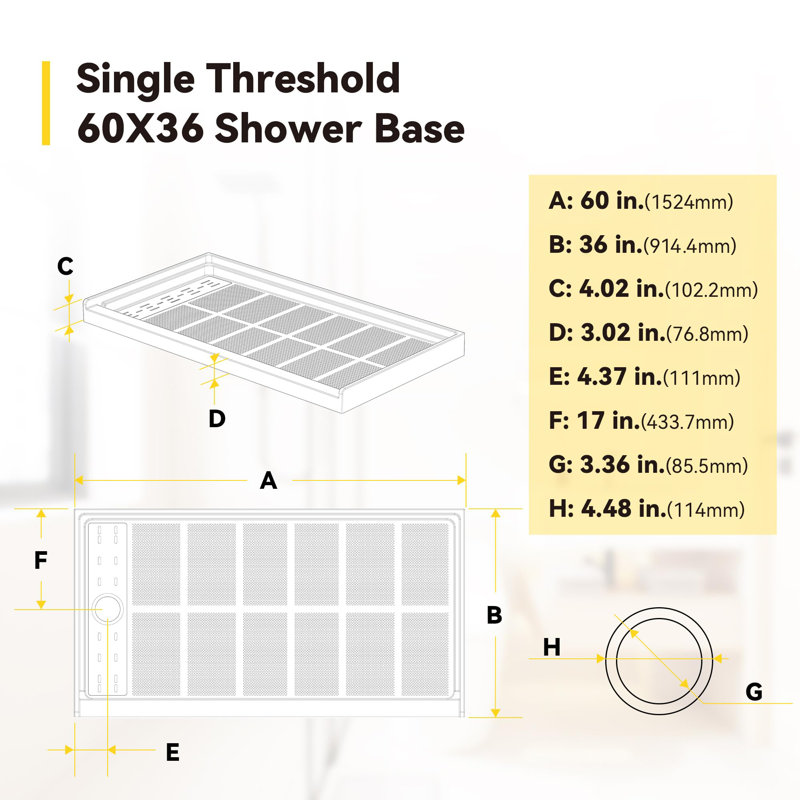 Bases de douche rectangulaires à simple seuil de 60 po de largeur x P 36 po avec drain à gauche et conception antidérapante