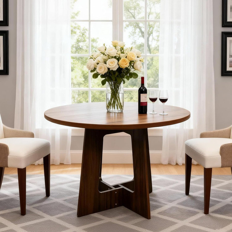 43.3" Round Dining Table for 4, Modern Farmhouse Wood Kitchen Table for Small Spaces & Apartments, Brown