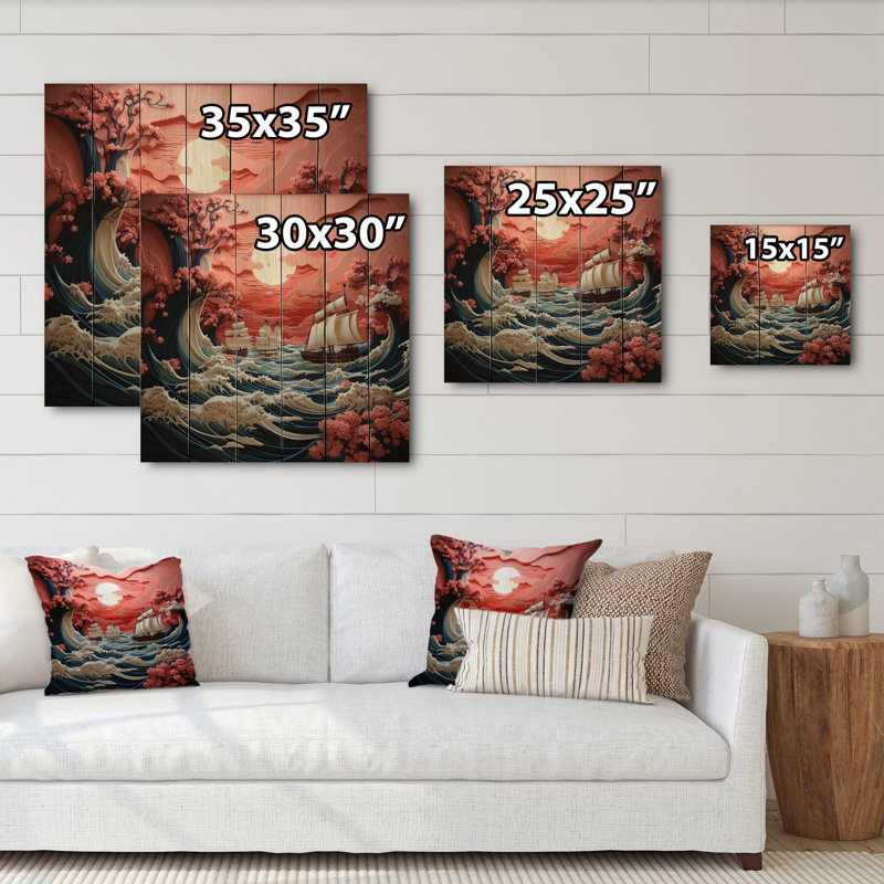 «Japon Coral Waves Papercut I» sur impression sur bois, H 15 po x l 15 po x P 0,78 po