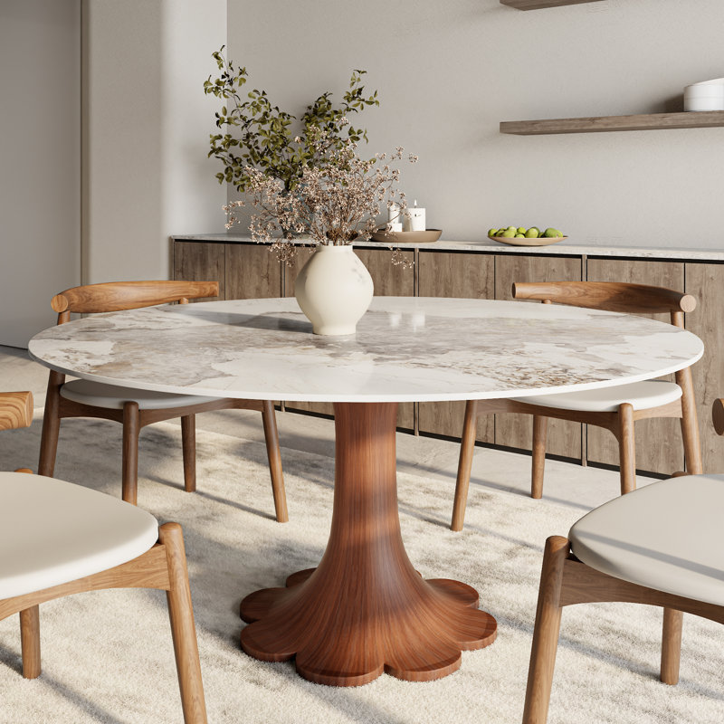 Table de salle à manger ronde ronde en pierre avec base en bois massif pour 4 à 10 personnes, Brun, Sable