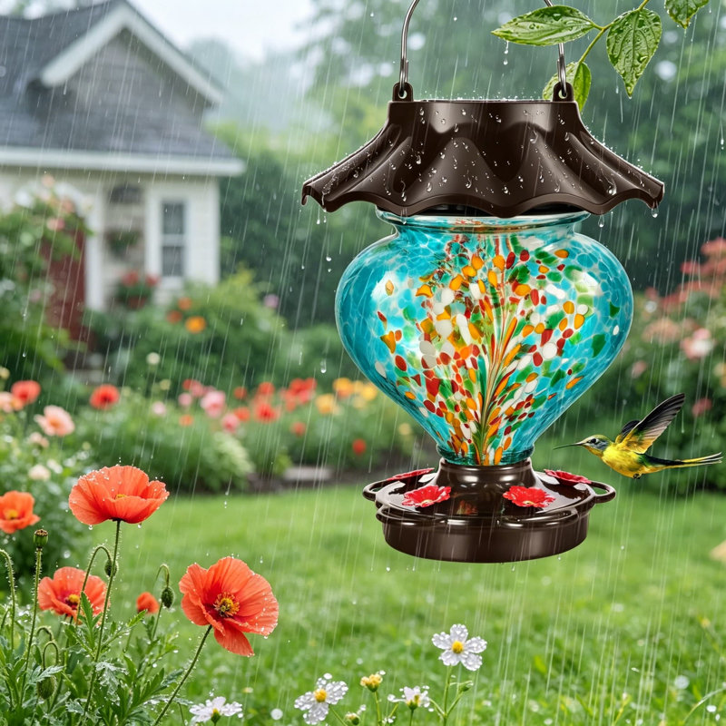 Mangeoire solaire pour colibris à suspendre à l'extérieur, en verre soufflé à la main en forme de cœur 33 oz, étanche et antirouille, décoration de jardin éclairée à DEL avec 2 crochets
