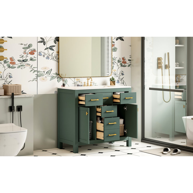 Meuble-lavabo moderne de 36 po, lavabo en céramique, 4 tiroirs, 2 armoires, fermeture en douceur, installation facile 36 po, lavabo pré-percé de style Shaker