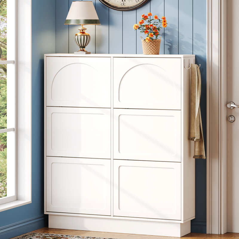 Modern Elegant Narrow White Shoe Cabinet With 6 Flip Drawers, Adjustable Storage, 3 Hooks, Space - Saving Design, Cream Aesthetic, , Tip Devices, Air Holes For Freshness Tipping Bucket Shelf, Saving,