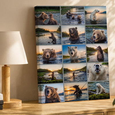 Toile, un collage vibrant met en valeur un ensemble d'espèces d'ours, y compris des reproductions murales d'ours bruns et d'ours polaires dans des poses ludiques et des reproductions d'art sur toile