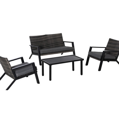 Ensemble de mobilier de jardin de 4 pièces comprenant 2 fauteuils et une table basse, idéal pour se détendre au jardin. Couleur noire. Chaises et coussins moelleux inclus.