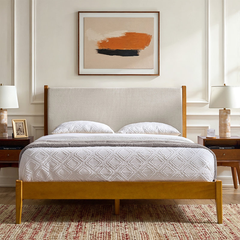 Andromeda Mid-century Modern Solid Wood Frame Bed With Washable Upholstered Bed, Acorn, Queen