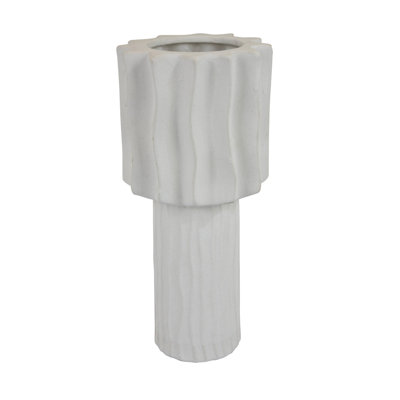Asmi Decorative Vase, 2-Tier Design, Wavy Ribbed White Ceramic 14 Inch