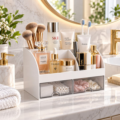 Organisateur de maquillage blanc avec tiroirs pour coiffeuse et comptoir de salle de bain