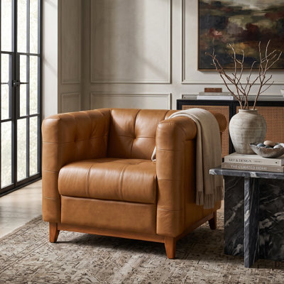 Alisier 35.25" W Transitional Genuine Leather Square Barrel Chair with Tufted Back