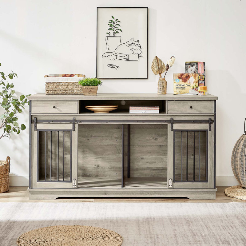 Multifunctional TV Stand Dog Crate with Two Drawers and Removable Partition, Ideal for Keeping Two Medium-Sized Dogs Comfortably