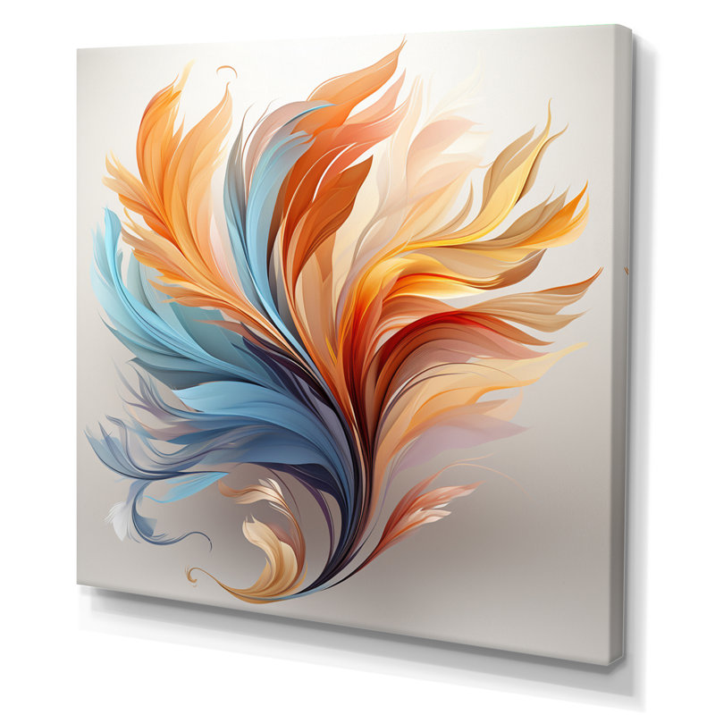 Fractale, plume bohémienne orange et turquoise - art mural plumes, H 24 po x l 24 po x P 1 po, Toile tendue