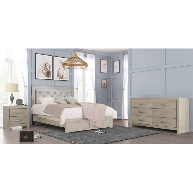 Ensemble de chambre à coucher à panneau à DEL 3-2_Marijo Josiyah, Crème, Grand, 3 pièces: lit, table de chevet, commode