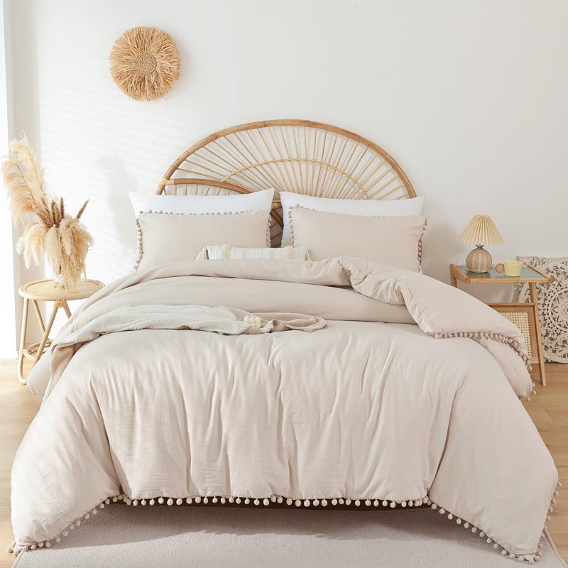 3 Pieces Ball Pom Fringe All Season Comforter Set, Soft OEKO-TEX Microfiber Boho Bedding for Bedroom Decor, Beige