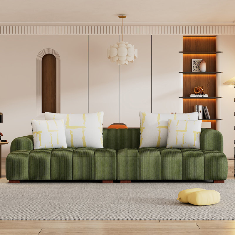 Canapé moderne avec pieds en bois d'hévéa 103,9 "Latitude, 4 coussins, canapé rembourré, canapé, canapé, Velours côtelé vert