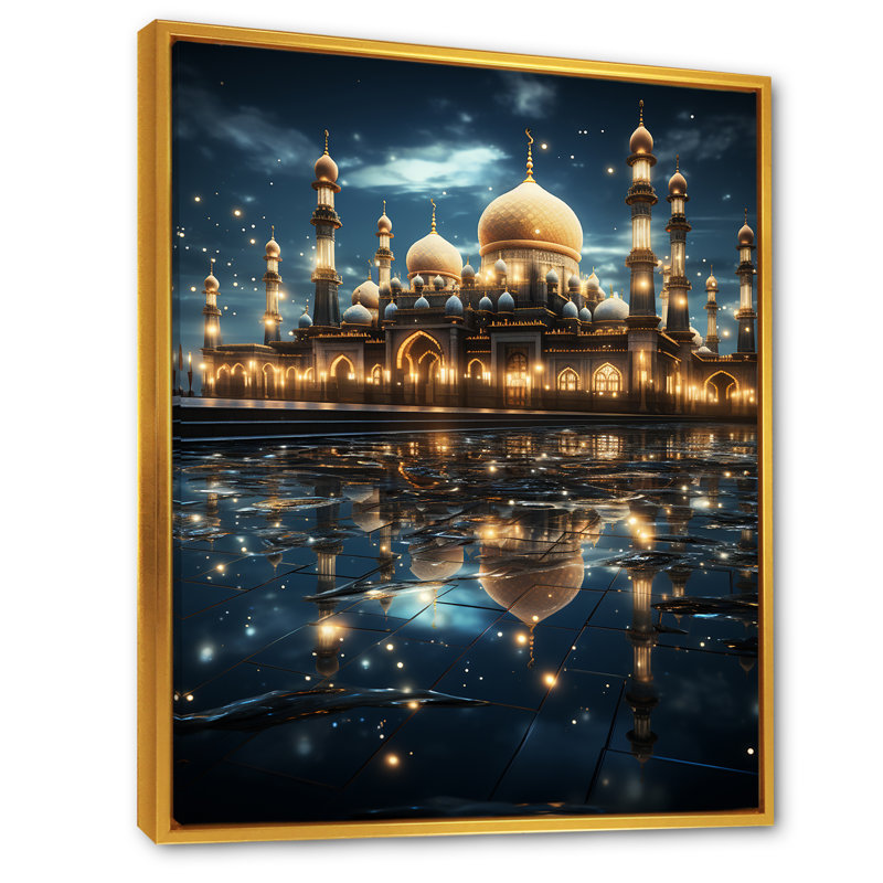 Lumière éternelle de la mosquée de l'Islam la nuit - Art africain; Art mural sur toile, Cadre flottant doré