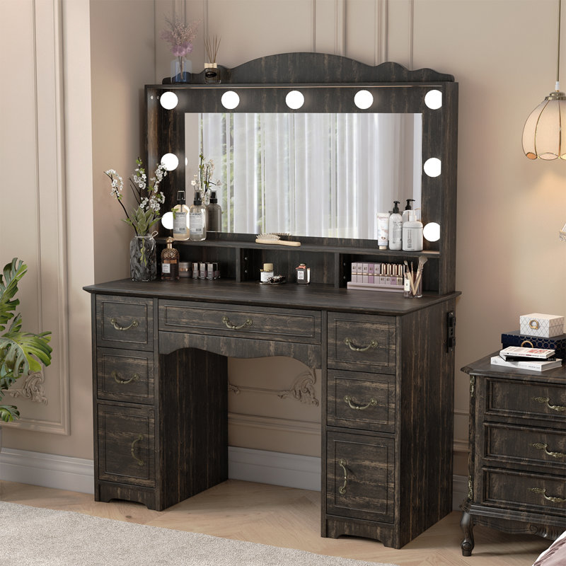 Large Makeup Vanity Desk With Lighted Mirror and 5 Drawers, Wooden French Country Modern Farmhouse White Dressing Table With Charging Station, makeup bedroom vanity with lights, Pink, White, Walnut
