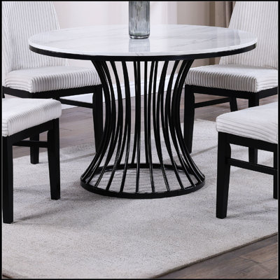 Unique White Faux Marble Round Dining Table with Cage-Like Base and Black Finish, Perfect for Modern Spaces