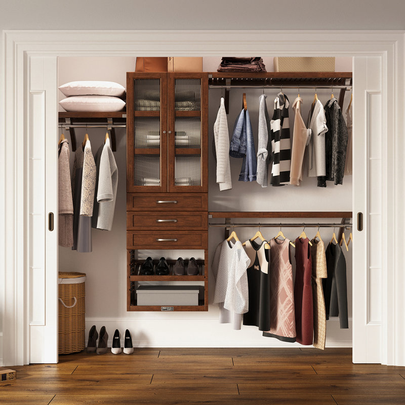 John Louis Home Solid Wood Walk-In Closet System with 3-Drawers and Glass Doors Chestnut
