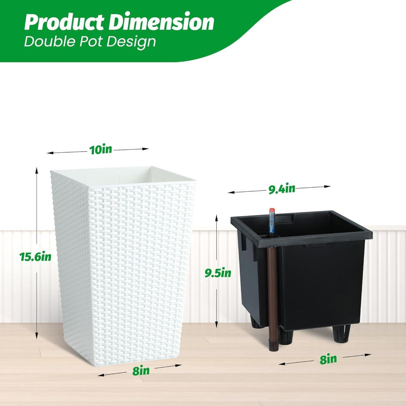 2-Pack 16Inch Rattan Self-Watering Planters with Water Level Indicator White, White