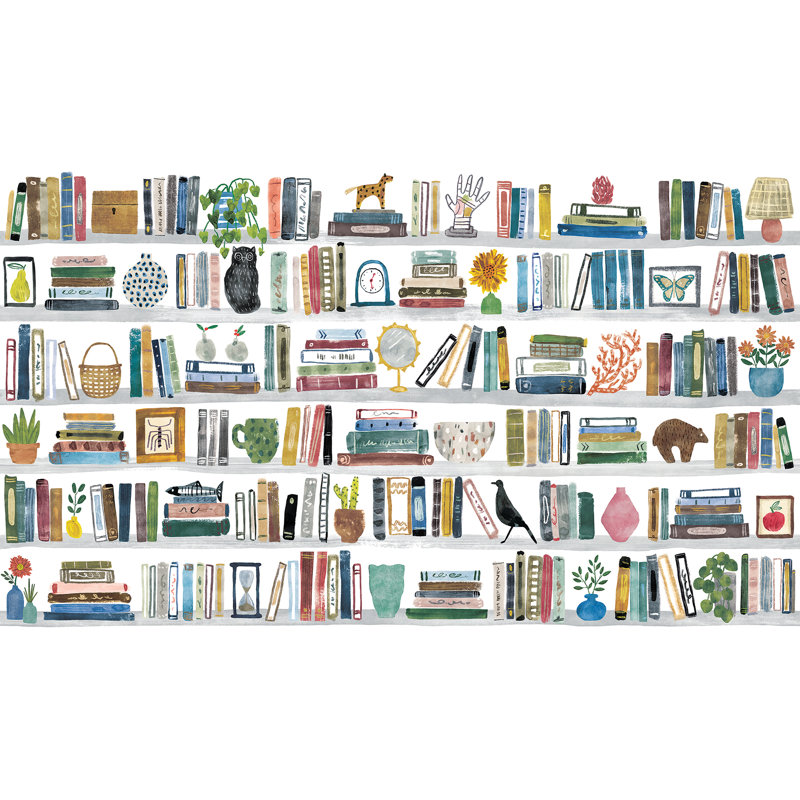 Colorful Pink and Yellow Bookshelf Peel and Stick Wall Mural
