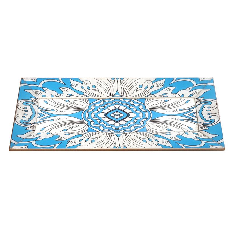 Handmade Reverse Painted Mirror Tray with Beveled Edge, 1.2" H x 5.9" W x 15.7" D, Blue/Silver