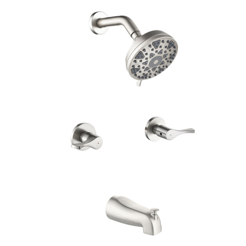 Système de douche mural avec bec de baignoire, robinet de douche à deux poignées, ensemble de garniture de douche en laiton avec valve brute